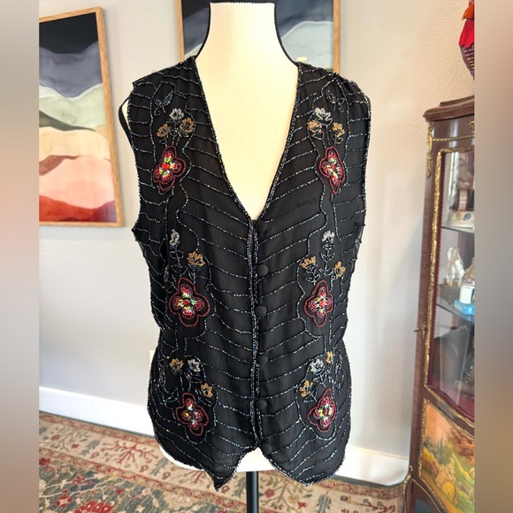 Vintage Tops - Vintage Embroidered Black Silk Floral Vest